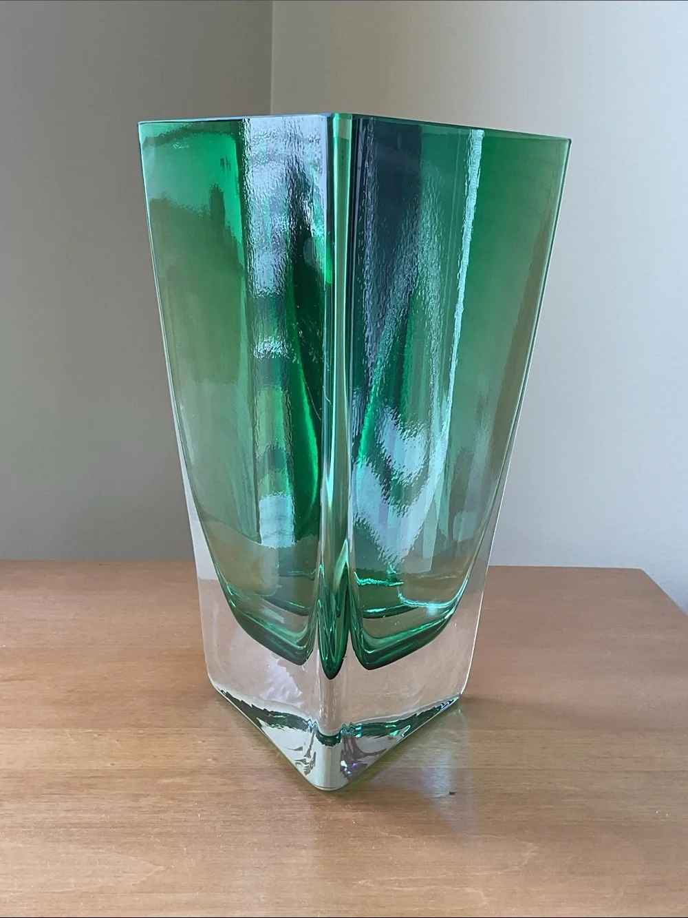 Triangular Green Vase, Glassworks Krosno, Poland 8.5” Tall